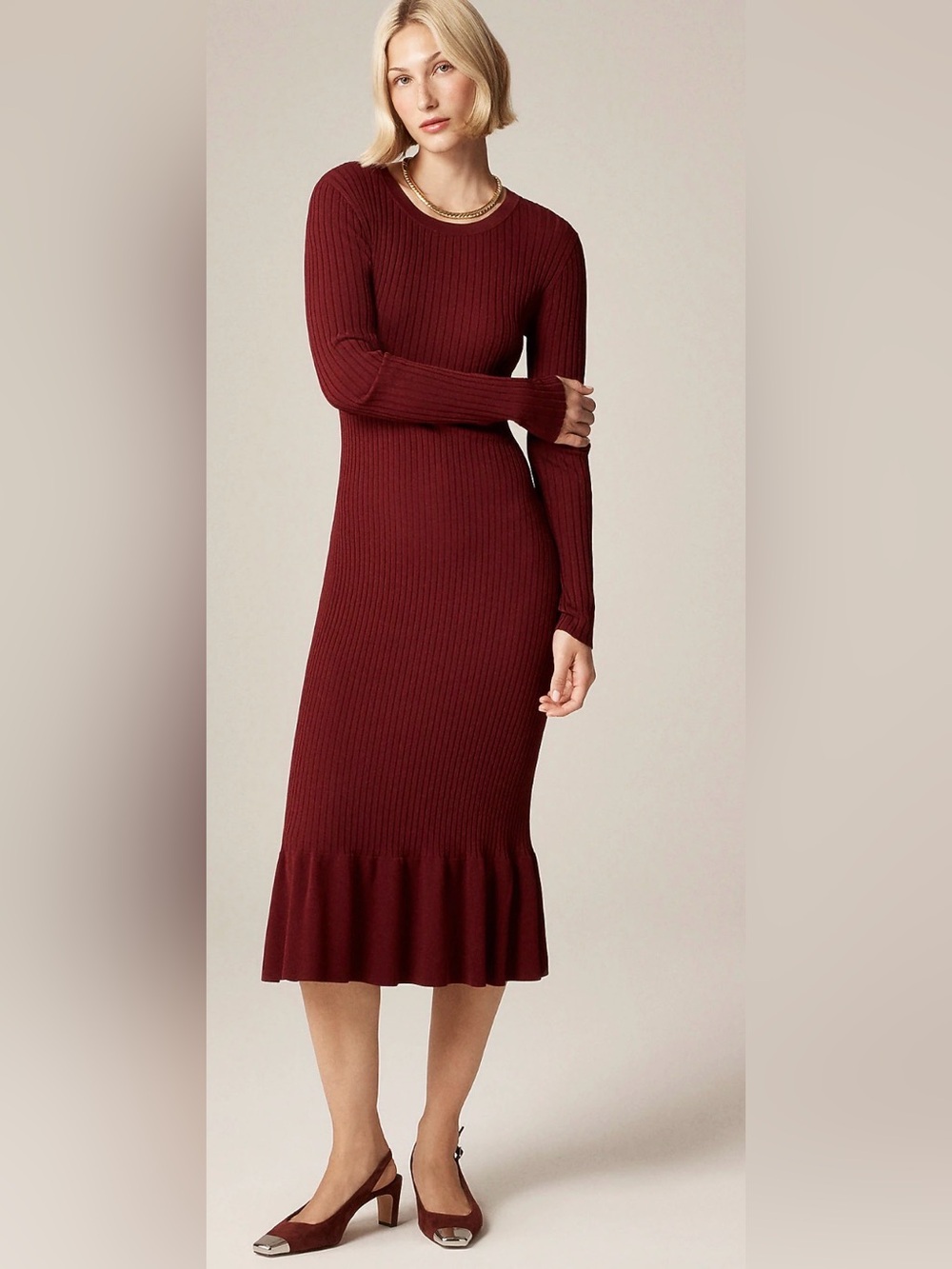 J. Crew Ribbed Long-Sleeve Super Stretch Midi Dress in Burgundy XS